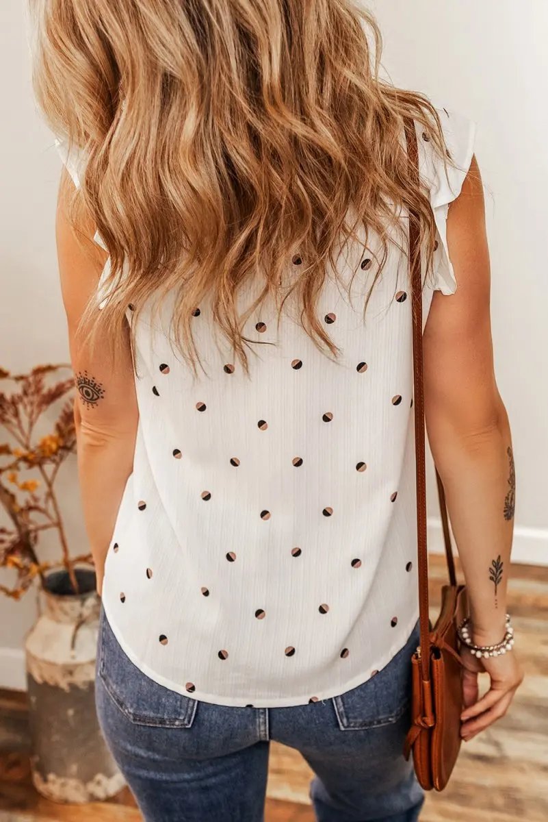 White Polka Dot Print Ruffled Shoulder V Neck Tank Top - Love Salve